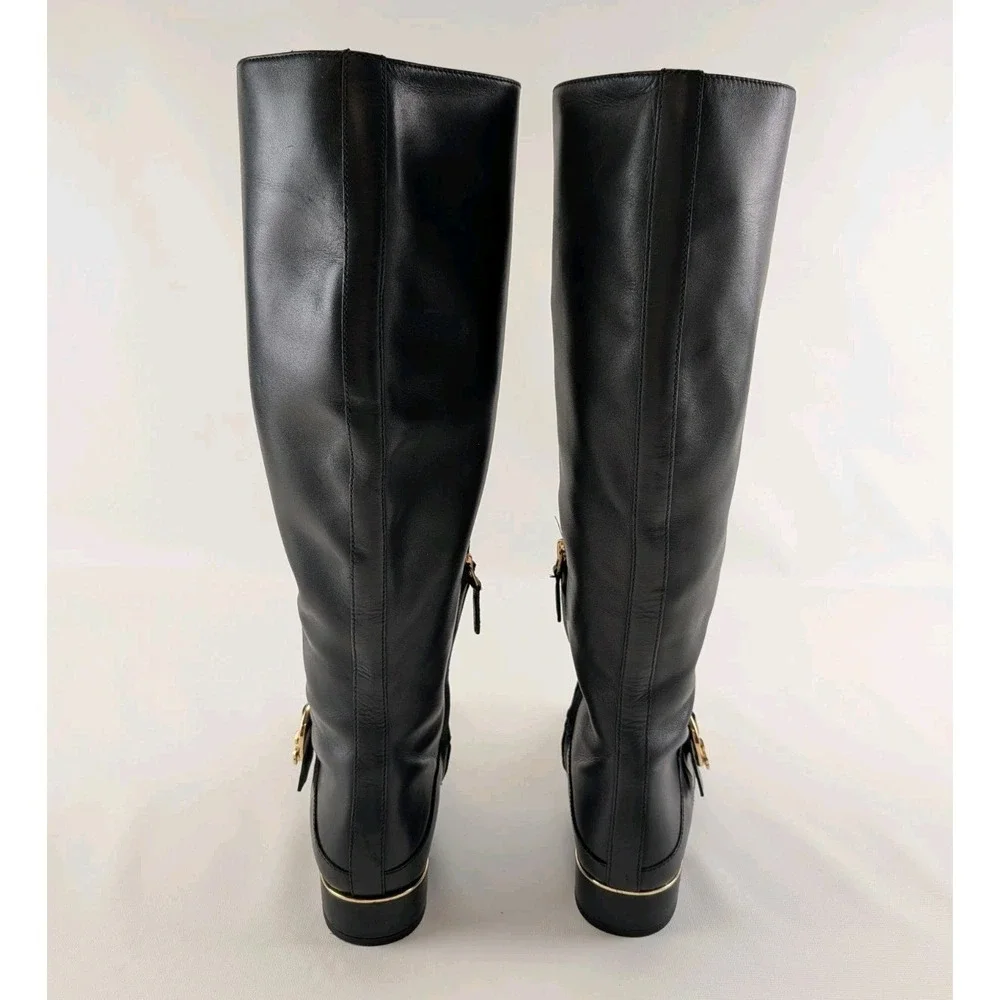 Tory Burch Womens Black Leather Riding Boots Sz 7.5M Gold Logo Buckle Knee High‎